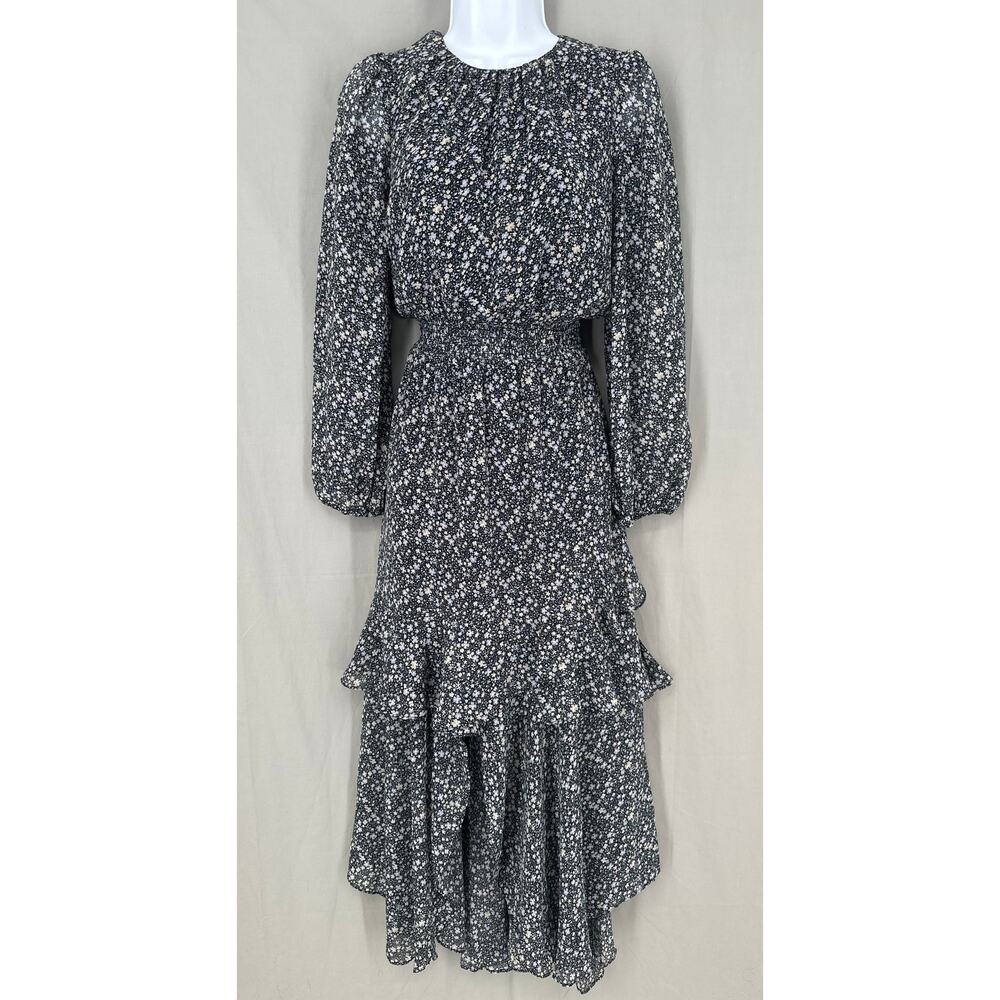 Lush Dress Womens Small Black Blue Floral Maxi Ditsy Cottage Tiered Ruffle Boho
